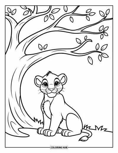 Coloriage de lion pour enfants : Un lion joyeux se repose sous un grand arbre, entouré de feuilles simples et de branches délicates