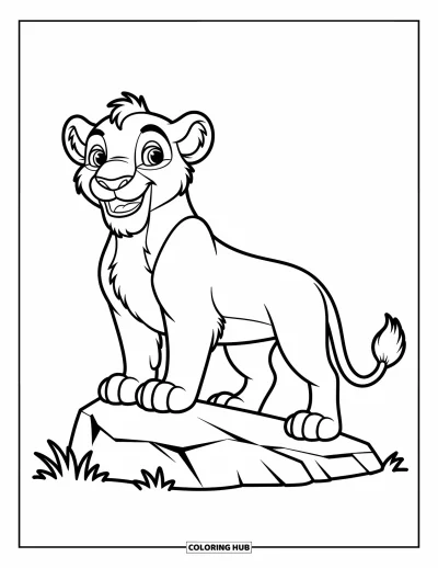 Coloriage de lion pour enfants : Un lion joyeux se tient fièrement sur un rocher, sa posture joueuse pleine d’énergie