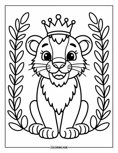 Coloriage de lion pour enfants : Un lion joyeux avec une petite couronne sourit, sa crinière ondulant en vagues douces et ludiques