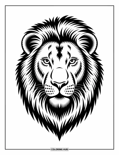 Coloriage de lion pour enfants : Gros plan sur le visage d’un lion, ses yeux perçants et sa crinière fluide pleins de puissance