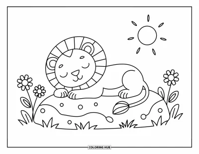 Coloriage de lion pour enfants : Un lion satisfait repose sur un rocher, les yeux fermés dans un instant de pure sérénité