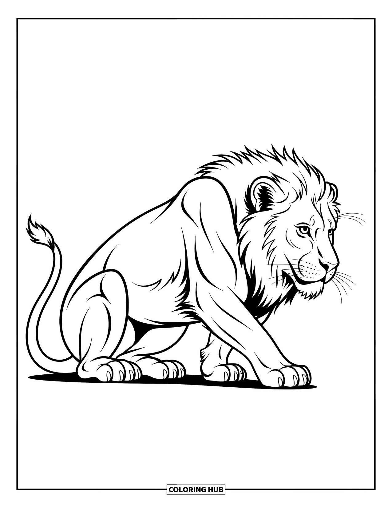 Lion Coloring Page for Kids: A crouching lion, muscles taut, conveys raw power and movement in a bold, expressive design