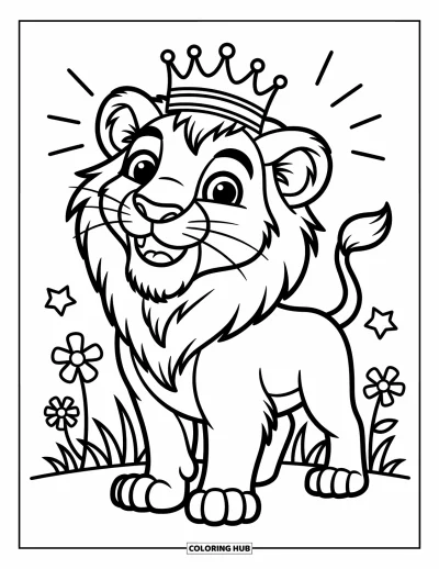 Coloriage de lion pour enfants : Un lion couronné affiche fièrement son sourire, entouré de fleurs délicates et de rayons lumineux