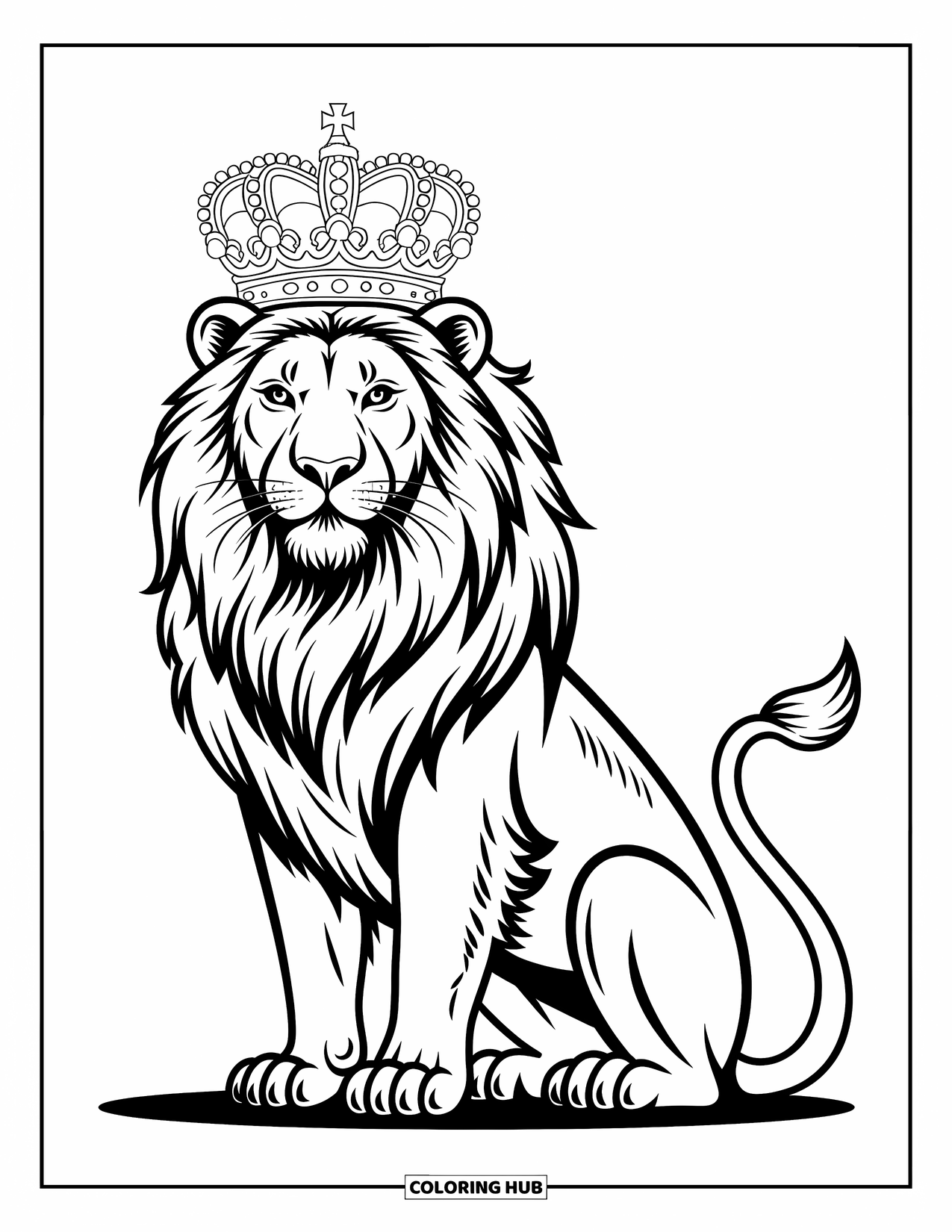 Lion Coloring Page for Kids: A crowned lion sits with pride, its gaze steady and commanding