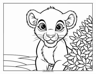 Coloriage de lion pour enfants : Un lionceau curieux se cache derrière un buisson, ses grands yeux brillants d’excitation