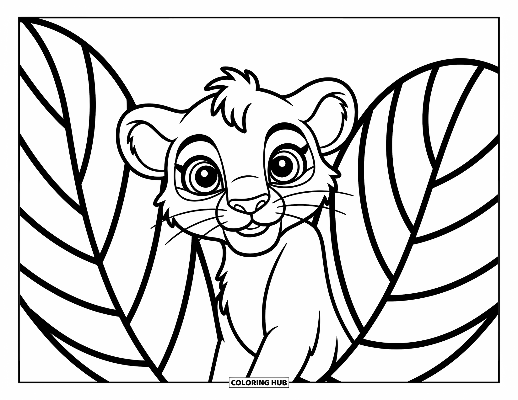 Lion Coloring Page for Kids: A curious lion cub peeks from behind a leaf, its round eyes wide with wonder