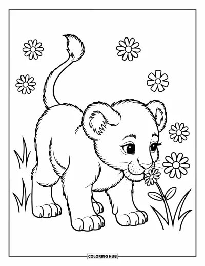 Coloriage de lion pour enfants : Un lionceau curieux renifle une fleur délicate, sa queue levée bien haut avec espièglerie