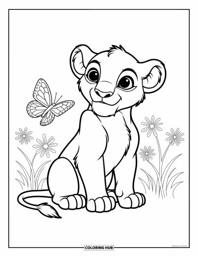 Coloriage de lion pour enfants : Un lionceau curieux incline la tête vers un papillon, l’observant avec fascination