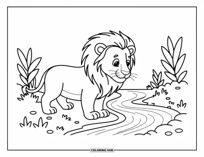 Coloriage de lion pour enfants : Un lion curieux contemple un petit ruisseau, captivé par son propre reflet