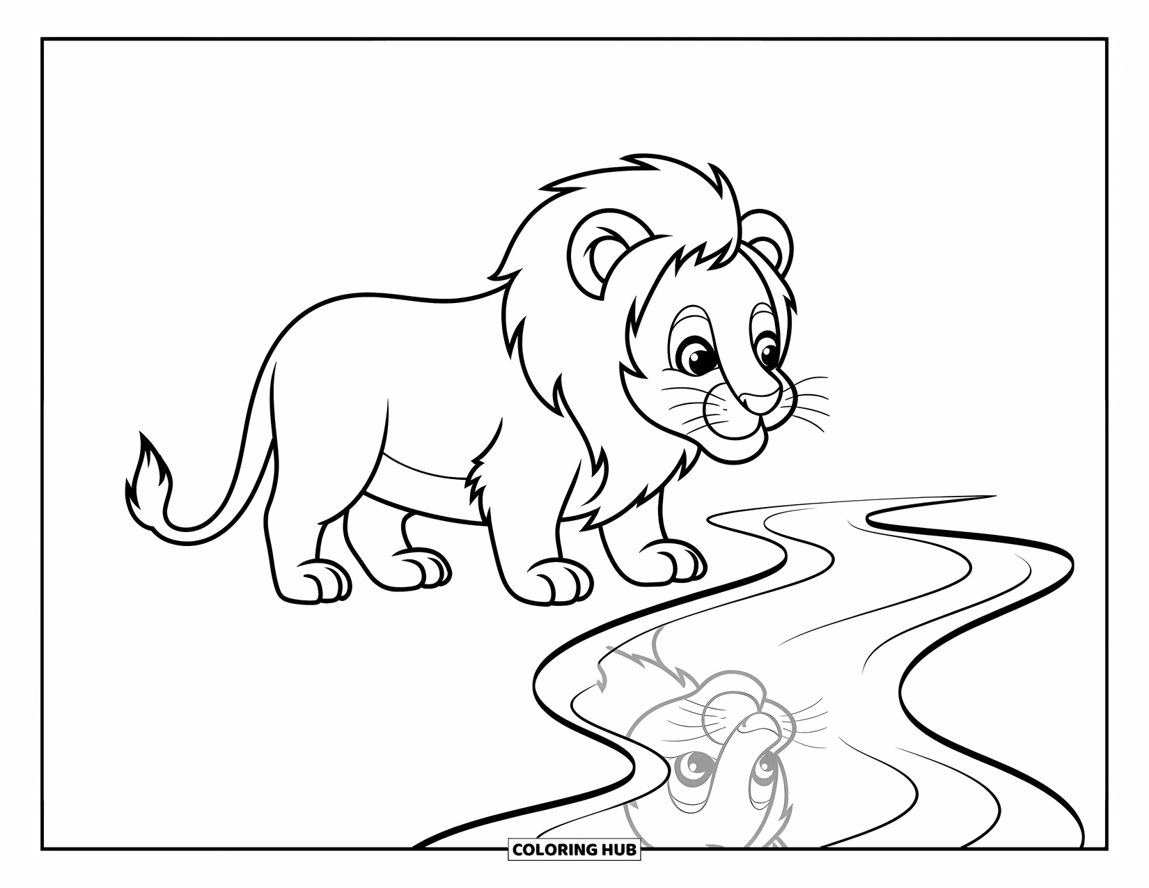 Lion Coloring Page for Kids: A cute lion peers into a stream, its curious eyes fixed on the water