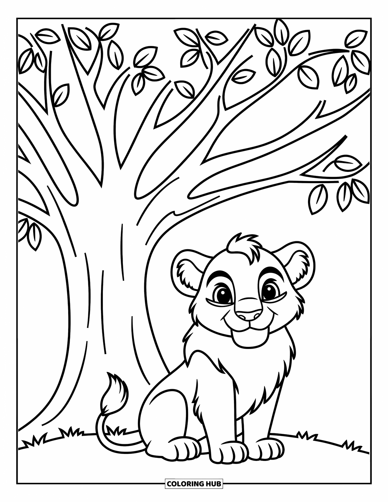 Lion Coloring Page for Kids: A cute lion sits under a large tree, its round features and soft expression full of charm