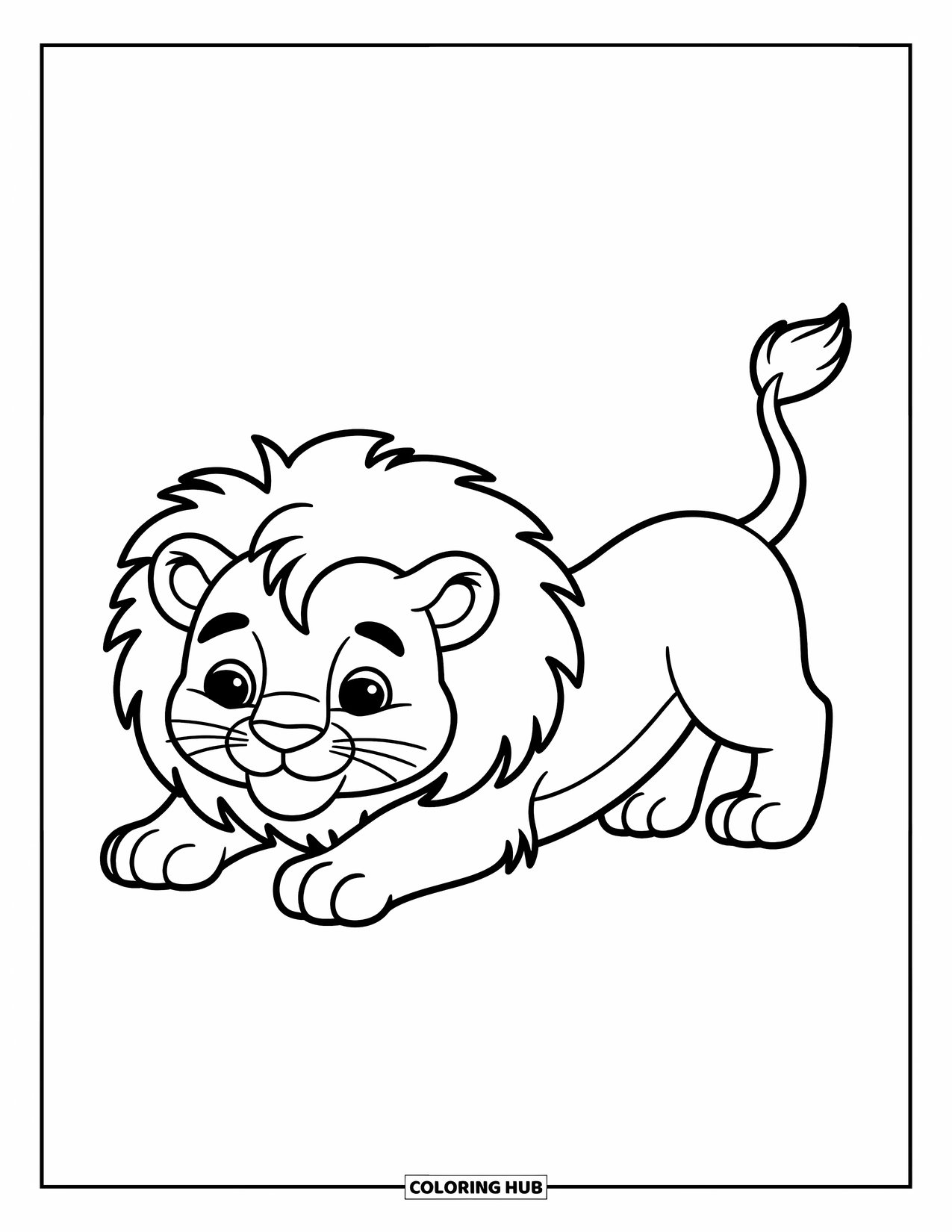 Lion Coloring Page for Kids: A cute lion stretches playfully after waking up from a nap, its fluffy mane slightly ruffled