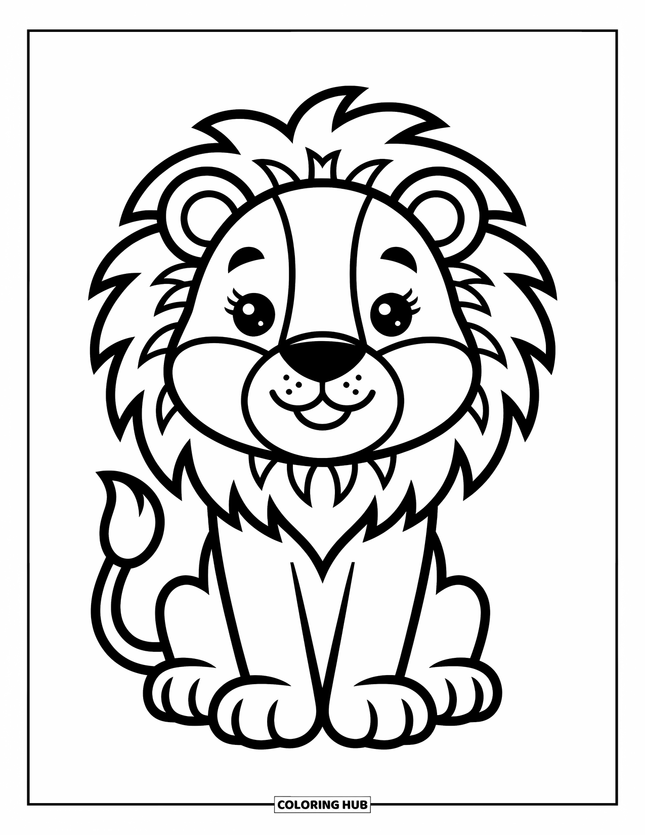 Lion Coloring Page for Kids: A cute lion with a fluffy mane sits happily, its cheerful expression full of warmth