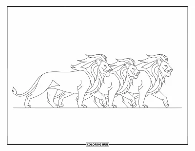 Coloriage de lion pour enfants : Une famille de lions avance en harmonie, leurs silhouettes puissantes capturées avec élégance
