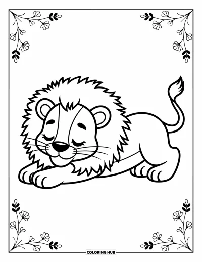 Coloriage de lion pour enfants : Un lion duveteux s’étire avec bonheur, ses pattes tendues vers l’avant dans une pose détendue