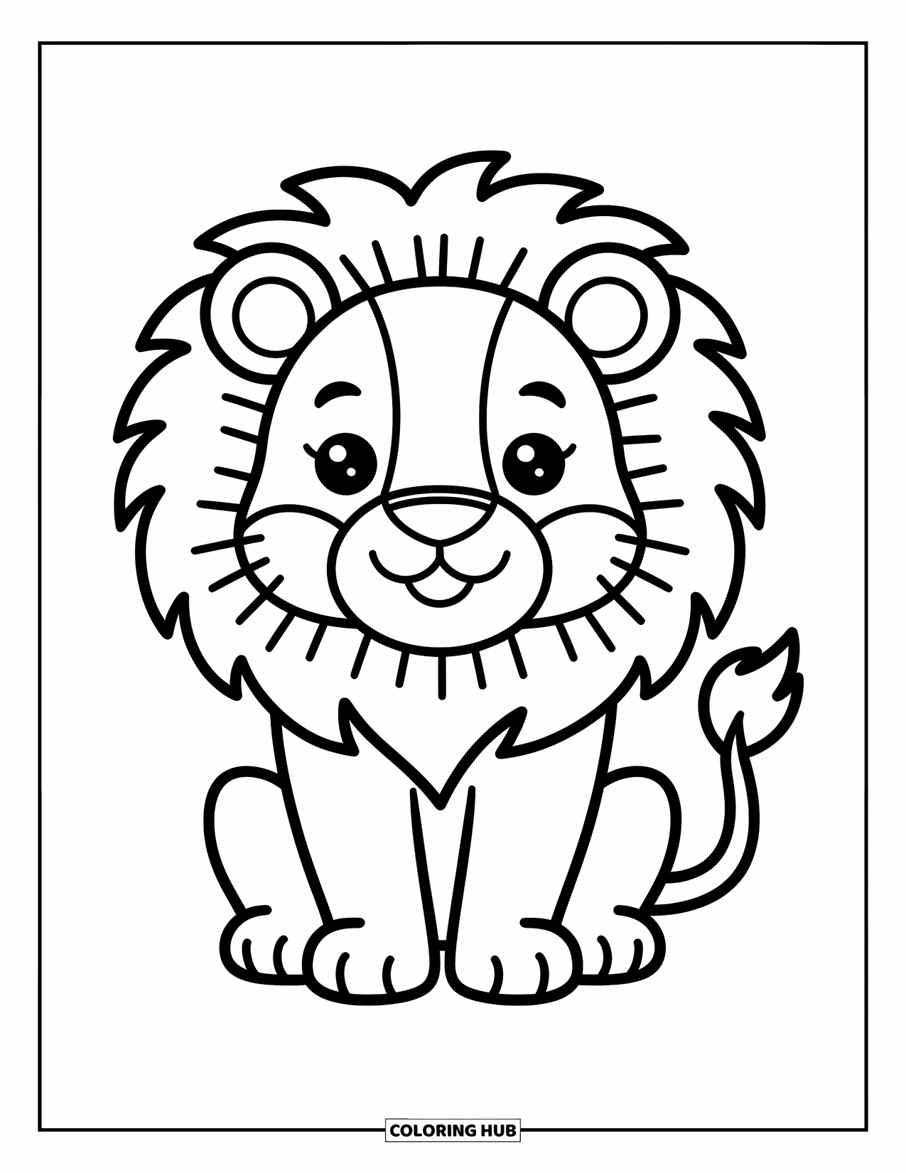 Lion Coloring Page for Kids: A fluffy lion with a big mane sits peacefully, radiating warmth and happiness