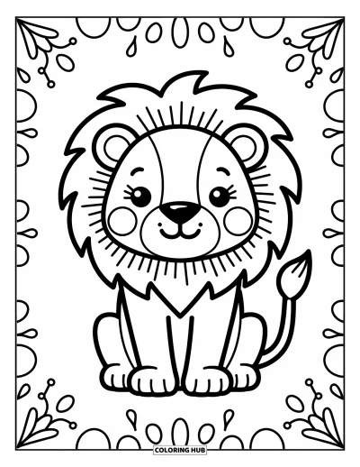 Coloriage de lion pour enfants : Un lion à crinière duveteuse est assis paisiblement, ses traits arrondis renforçant son charme joueur