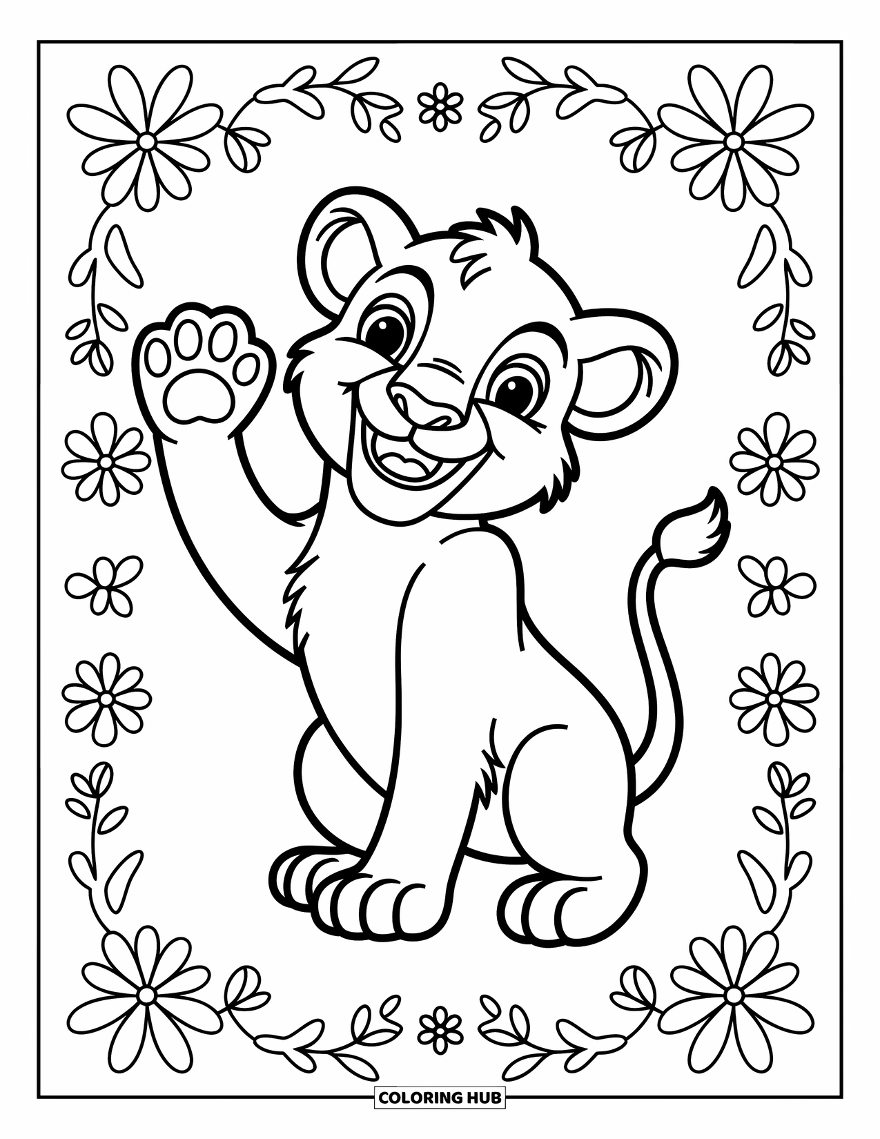 Lion Coloring Page for Kids: A friendly lion waves with joy, surrounded by whimsical flowers and leaves