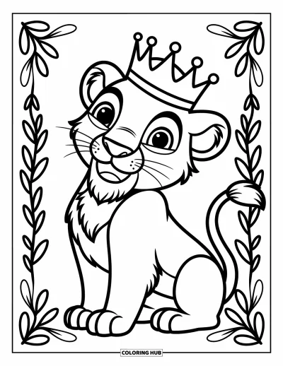 Coloriage de lion pour enfants : Un lion amical portant une petite couronne se tient fièrement, l’expression heureuse et confiante
