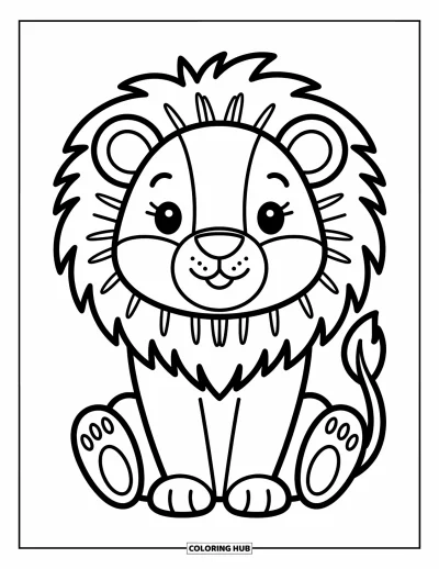 Coloriage de lion pour enfants : Un lion heureux à la grande crinière douce est assis paisiblement, rayonnant d’une énergie joyeuse