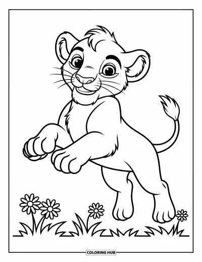 Coloriage de lion pour enfants : Un lionceau heureux bondit avec grâce, sa crinière filant derrière lui dans un élan dynamique