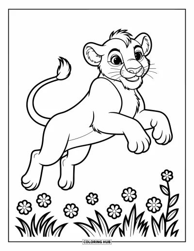 Coloriage de lion pour enfants : Un lionceau bondissant s’élève en jouant, sa queue se balançant dans l’instant