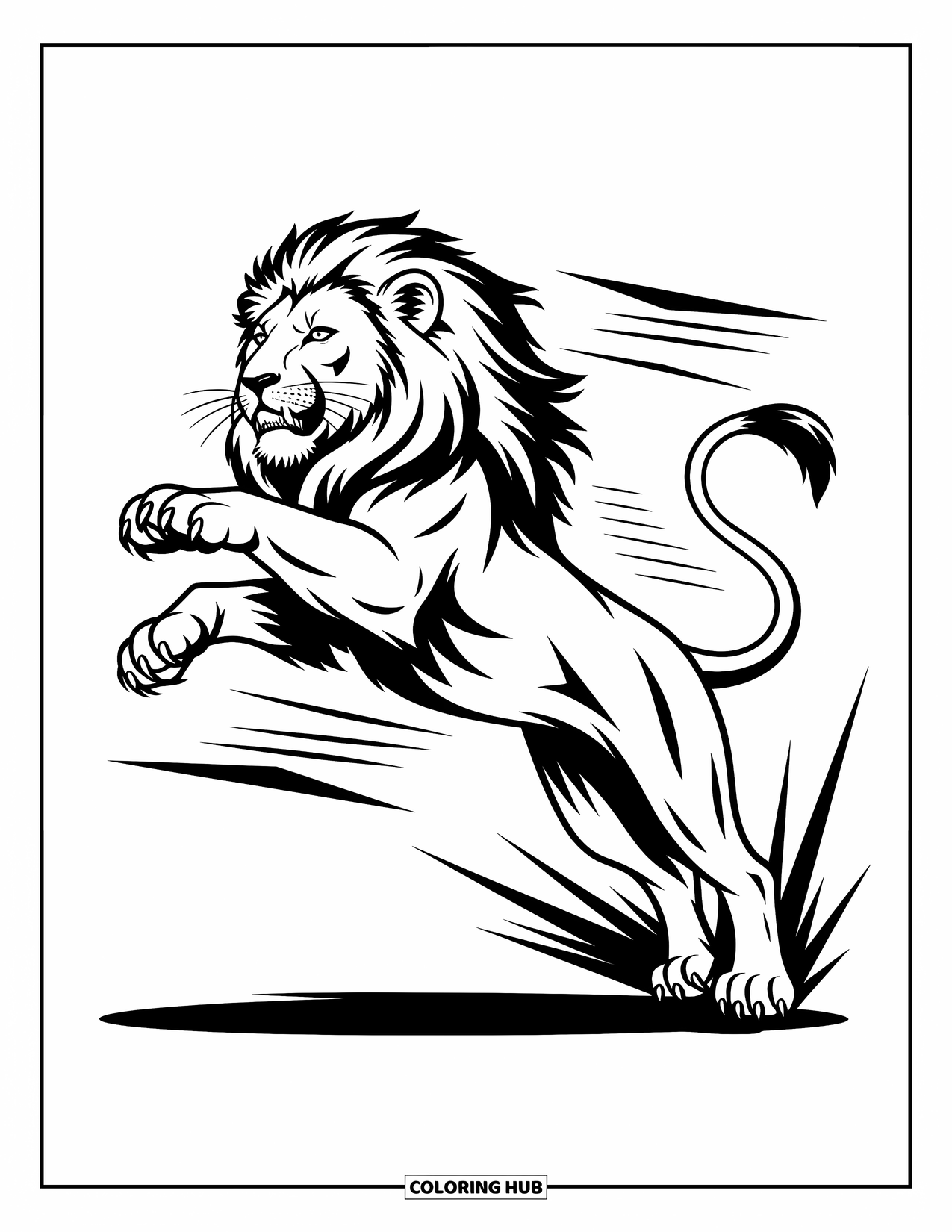 Lion Coloring Page for Kids: A leaping lion extends its claws, its mane flowing in a dramatic motion