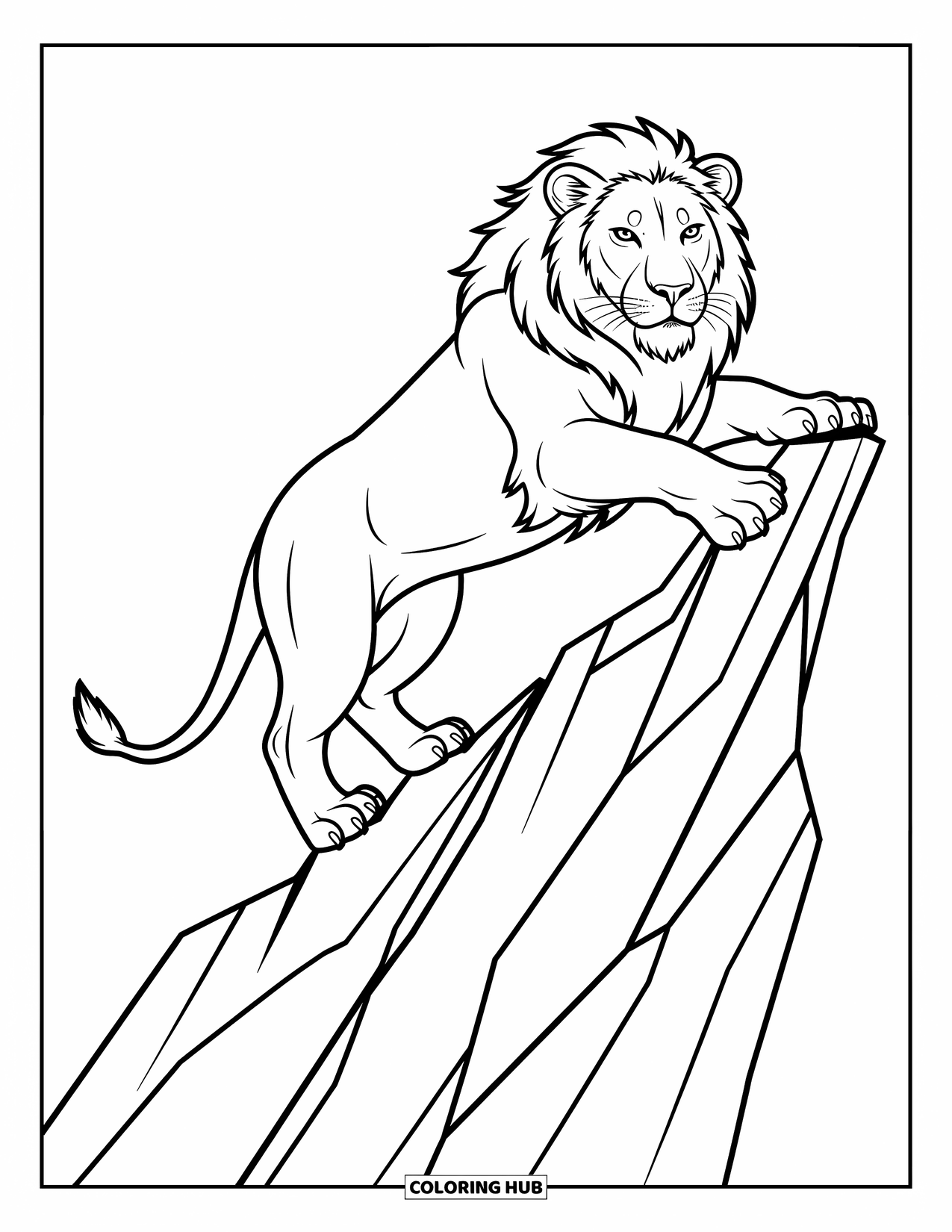 Lion Coloring Page for Kids: A lion climbs a jagged rock, its powerful body poised for a bold leap