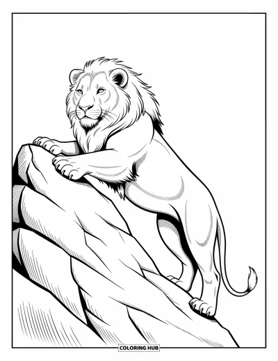 Coloriage de lion pour enfants : Un lion grimpe sur un rocher, son regard assuré fixé sur le chemin devant lui