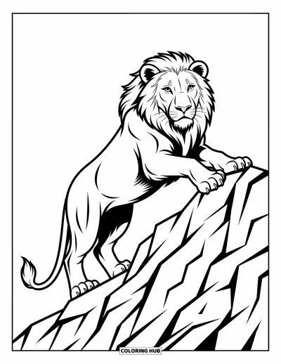 Coloriage de lion pour enfants : Un lion grimpe un sommet rocheux, sa posture assurée prête à bondir