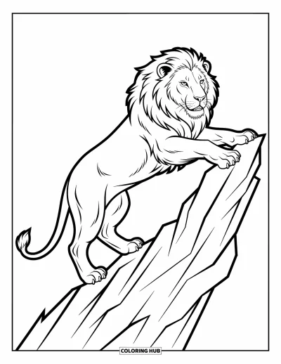 Coloriage de lion pour enfants : Un lion grimpe un rocher accidenté, ses muscles tendus prêts à se propulser