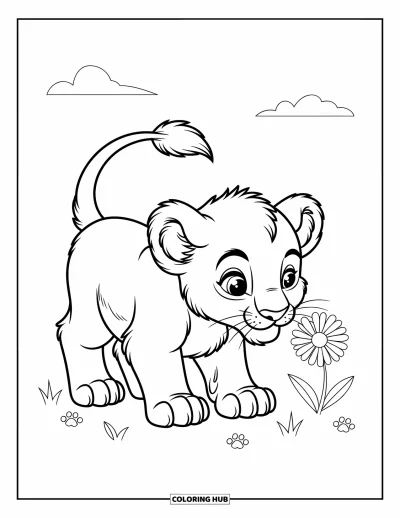 Coloriage de lion pour enfants : Un lionceau se penche pour sentir une fleur, les yeux pleins de curiosité et de joie