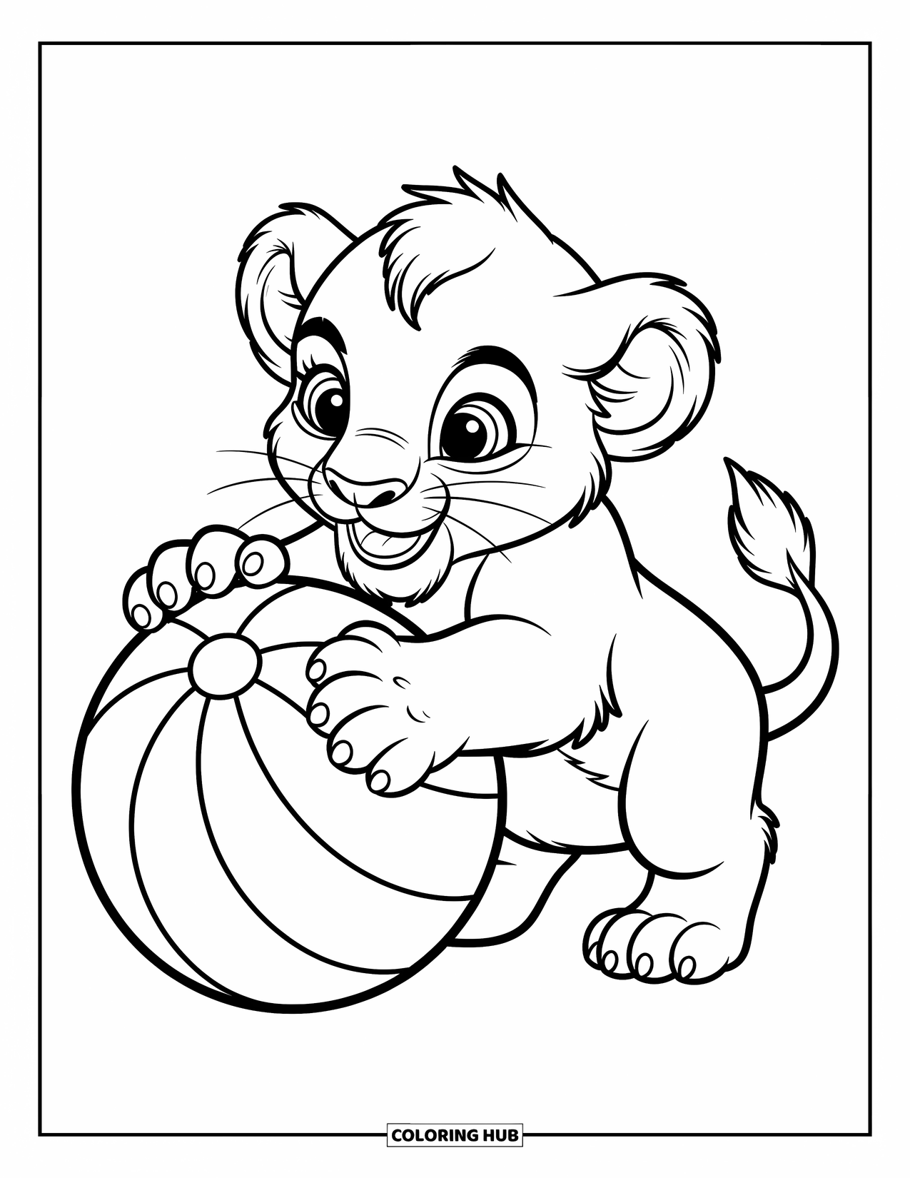 Lion Coloring Page for Kids: A lion cub playfully interacts with a ball, its fluffy paws gripping it tightly