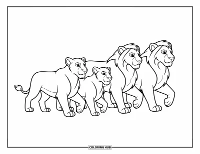 Coloriage de lion pour enfants : Une famille de lions avance avec assurance, leurs crinières fluides donnant une belle impression de mouvement