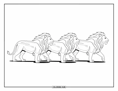 Coloriage de lion pour enfants : Une famille de lions marche ensemble, leurs foulées fluides reflétant unité et force