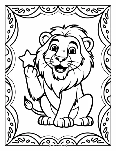 Coloriage de lion pour enfants : Un lion tient une étoile dans sa patte, entouré de motifs simples et ludiques