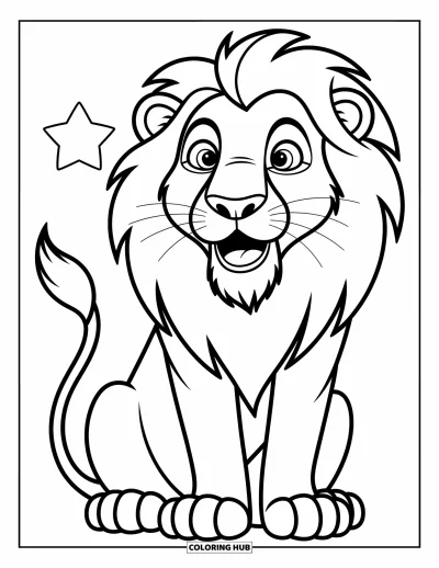 Coloriage de lion pour enfants : Un lion tient une petite étoile dans sa patte et la regarde avec des yeux émerveillés