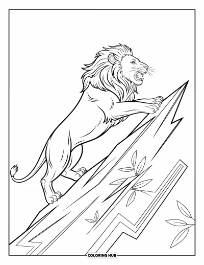 Coloriage de lion pour enfants : Un lion perché sur un rocher dentelé montre des muscles tendus par la détermination