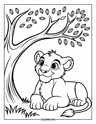 Coloriage de lion pour enfants : Un lion se détend sous un arbre, les yeux remplis de curiosité et d’émerveillement