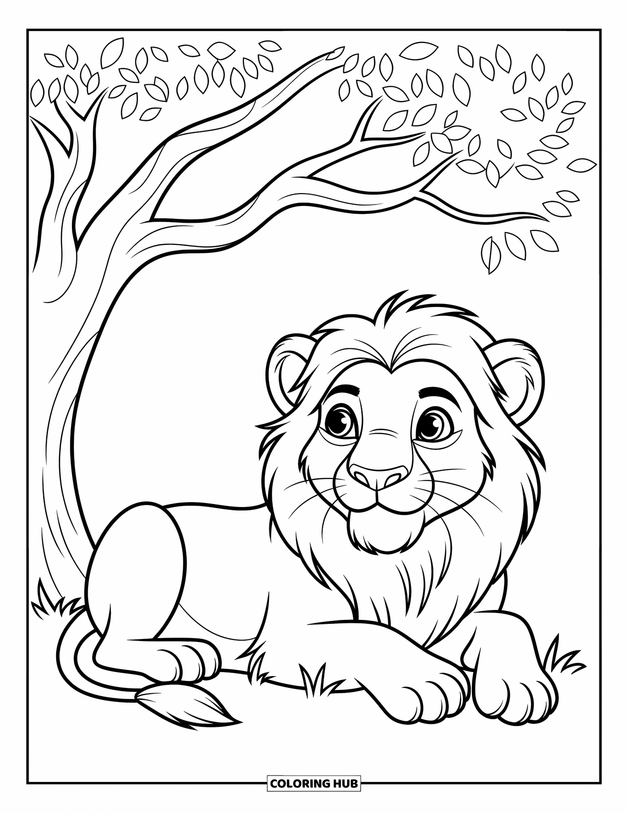 Lion Coloring Page for Kids: A lion rests peacefully under a tree, gazing at the sky in quiet thought