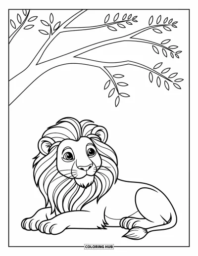 Coloriage de lion pour enfants : Un lion se repose sous un arbre, levant les yeux vers le ciel avec une curiosité tranquille