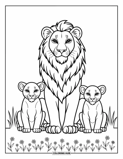 Coloriage de lion pour enfants : Un lion se repose avec ses deux lionceaux, leurs expressions malicieuses offrant un moment attendrissant