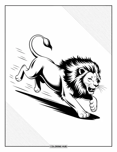 Coloriage de lion pour enfants : Un lion court avec une détermination farouche, sa crinière sauvage flottant derrière lui