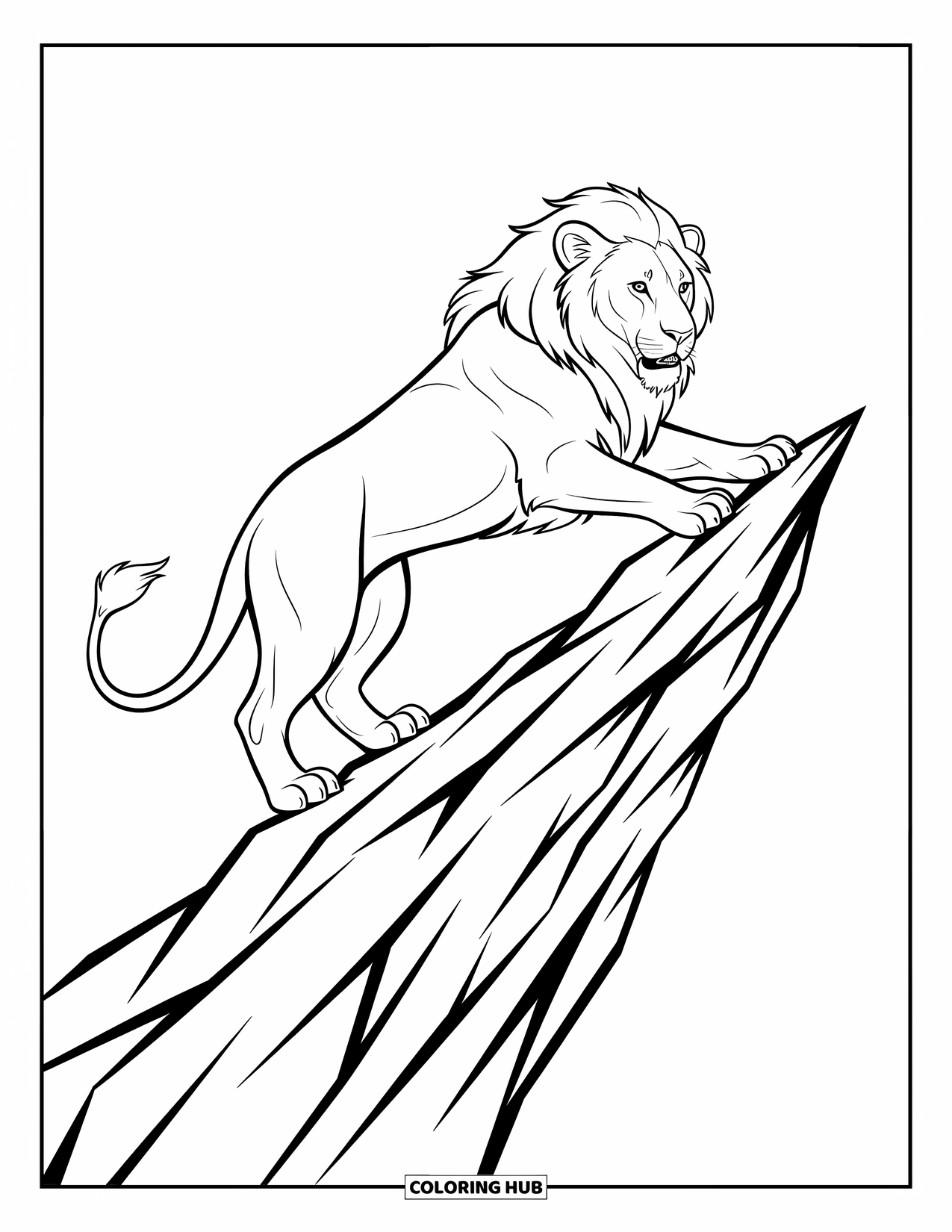 Lion Coloring Page for Kids: A lion scales a rocky ledge, its strong stance full of energy and movement