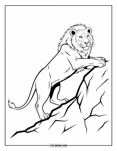 Coloriage de lion pour enfants : Un lion escalade un rocher escarpé, sa posture puissante pleine d’élan