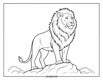 Coloriage de lion pour enfants : Un lion est assis au sommet d’un rocher, sa crinière au vent, observant son territoire