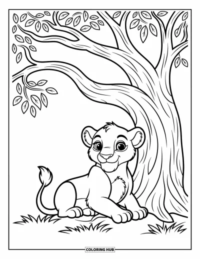 Coloriage de lion pour enfants : Un lion est assis paisiblement sous un arbre, son visage expressif plein de douceur