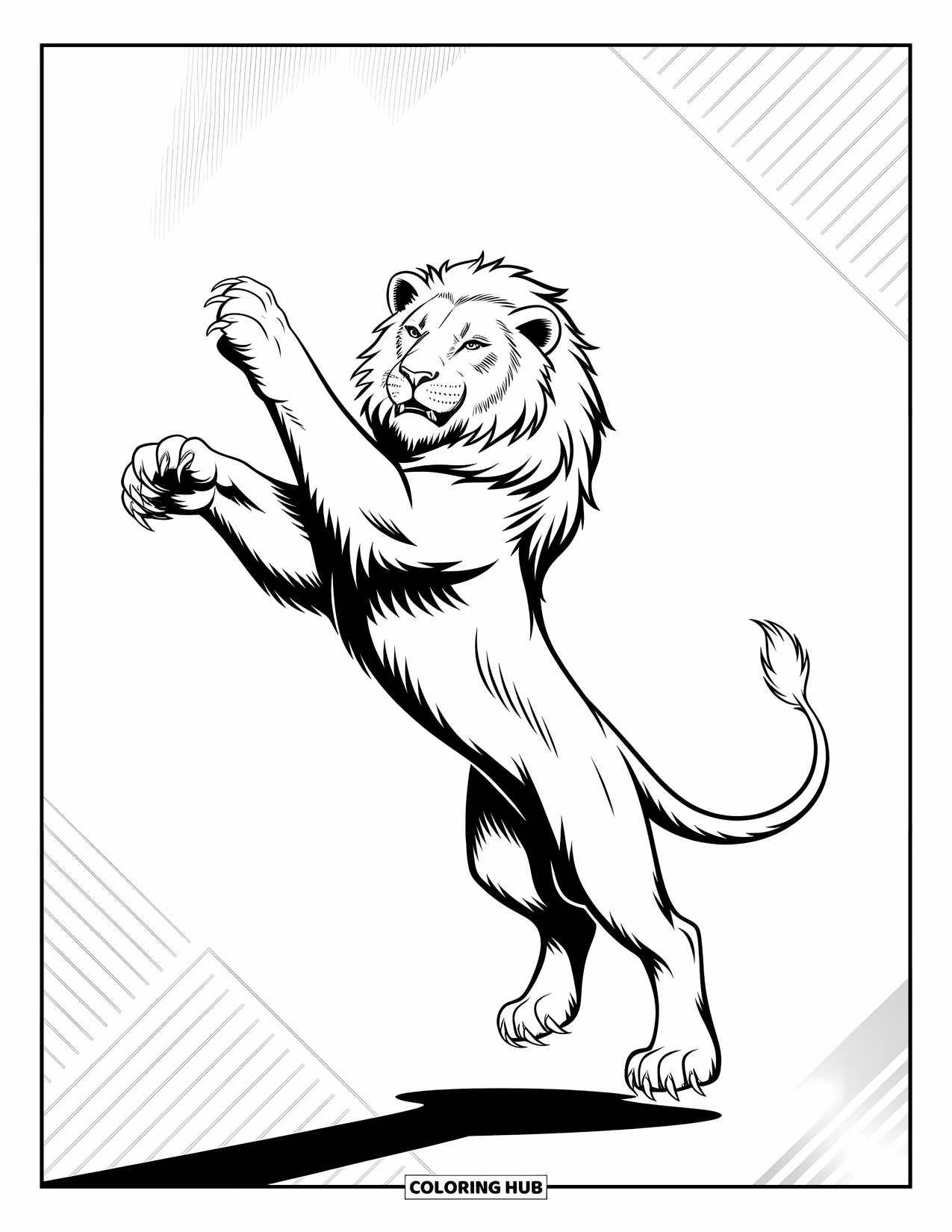 Lion Coloring Page for Kids: A lion soars in mid-leap, its claws extended and body stretched in motion