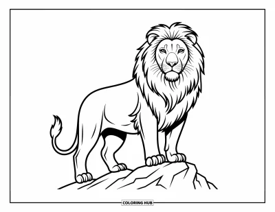Coloriage de lion pour enfants : Un lion se tient fièrement sur un rocher, son regard confiant fixé au loin