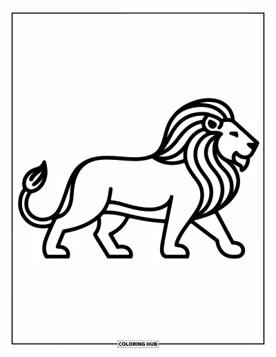Coloriage de lion pour enfants : Un lion marche avec assurance, sa crinière flottant et sa queue balançant à chaque pas